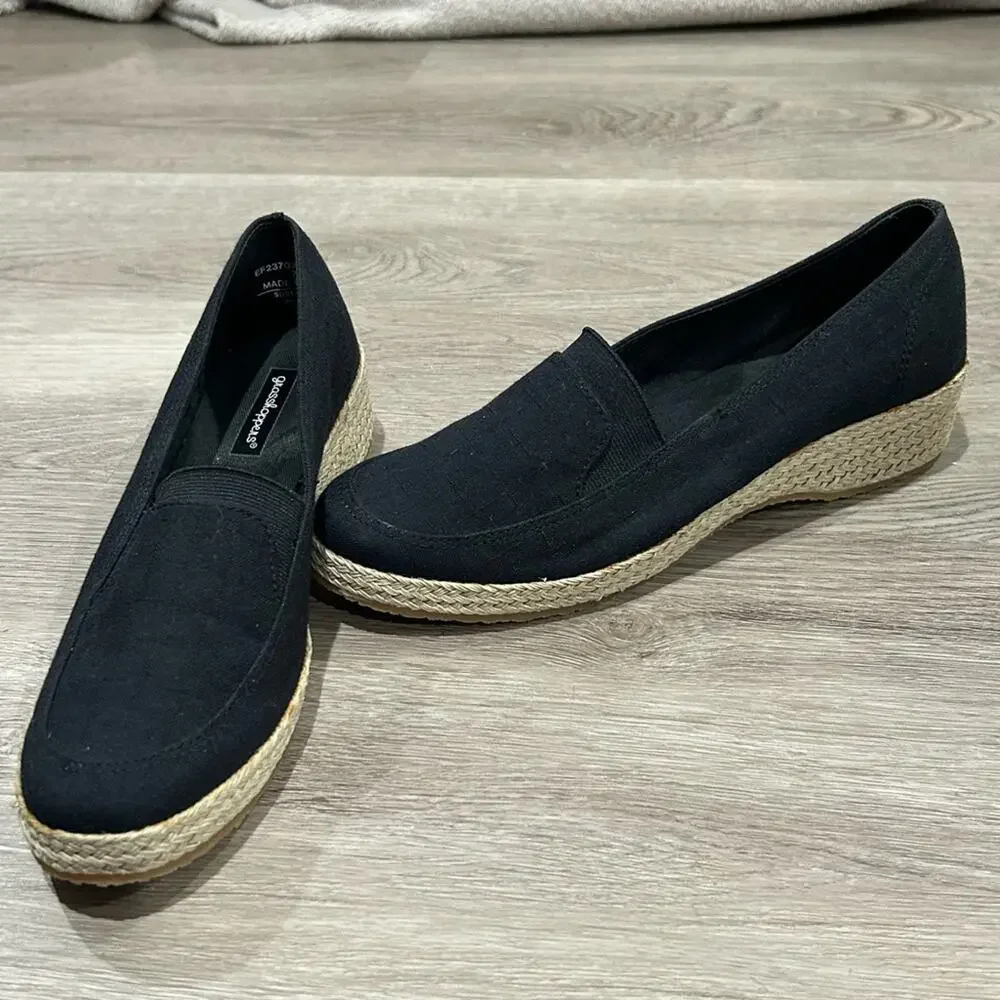 Grasshoppers Women's Sz 7 Casita Black Canvas Slip On Platform Wedge Espadrilles